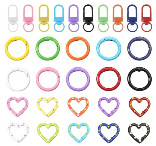 VelvetGlow 30PCS Mini Karabiner SchlüSselanhäNger,KarabinerverschlüSse, HerzföRmige VerschlüSse Und Feder O Ringe FüR SchlüSselanhäNger DIY, Geschenke, SchlüSselanhäNger, 10 Farben