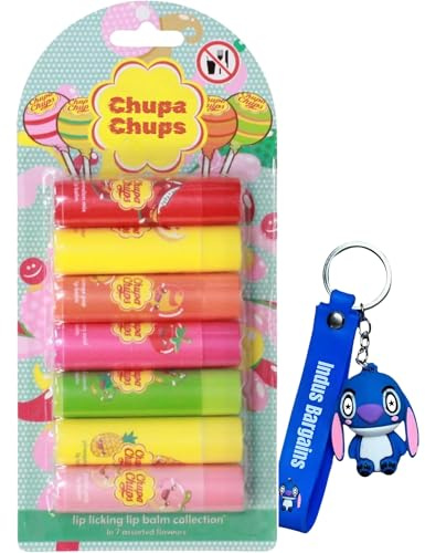 Chupa Chups Lip Balm Set Pack of 7 Fruity Flavors | Moisturizing Lip Care Gift for Kids, Teens & Adults, Sweet Scented Lip Gloss for Soft, Smooth, Hydrated Lips All Day | Keychains in Pink or Blue