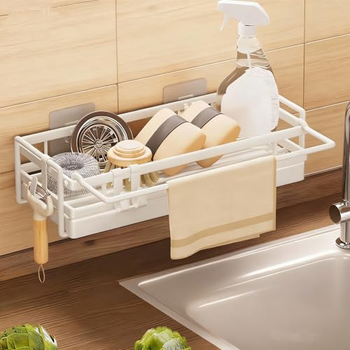 Fleymu Organizador de Fregadero de Acero Inoxidable, Soporte para Bayetas y Esponjas con Bandeja de Goteo, Organizador de Cocina sin Taladrar para Lavavajillas y Utensilios, Montaje en Pared
