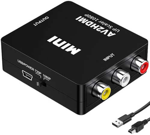 Convertisseur RCA vers HDMI, Adaptateur RCA vers HDMI 1080p, Convertisseur Vidéo Audio Composite AV avec Câble USB, Support PAL/NTSC Composite CVBS, Compatible avec Caméra Xbox 360 PS1 PS2 WII