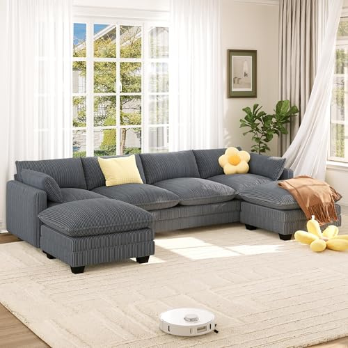 Xbro Große Wohnlandschaft U Form mit 2 Ottomanen, Modulares 4-Sitzer Cloud Sofa aus Cord Stoff mit Abnehmbaren Bezügen, Couch mit Hochdichter Schaumstoffpolsterung für Wohnzimmer, Schwarz