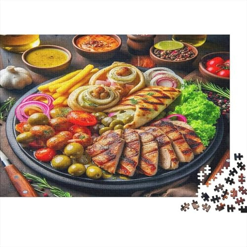 Puzzle Plateau de Viande grillée scène Olives et Pain Plat 1000 Pièces 38x26cm en Papier recyclé pour Adultes Puzzle Anti-Stress Difficile idée Cadeau