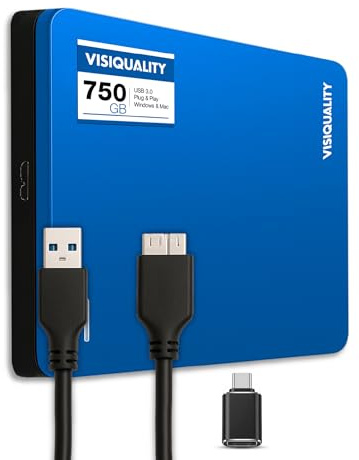 VisiQuality Hard disk esterno ad alta velocità da 750 GB, USB 3.0, disco rigido esterno, compatibile con Windows/Mac, Plug & Play, giochi per PS4 e Xbox, compatto, disponibile in 3 colori (blu)