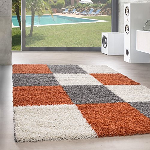 SIMPEX Teppich Wohnzimmer Shaggy Moderne Kariert Design Terrakotta 80 x 250 cm Läufer Flur - Hochflor Teppich Schlafzimmer Extra Weich Pflegeleicht - Flauschiger Teppich Langflor für Küche Rug Halı