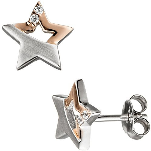 Jobo Damen-Ohrstecker Stern aus 925 Sterling Silber Bicolor vergoldet mit 4 Zirkonia