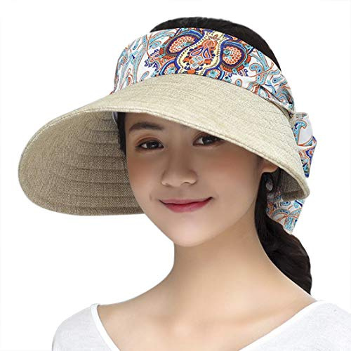 JIAHG Casquette Visière Imprimé Floral Femme été Chapeau de Soleil Haut Vide à Bord Large UV Protection pour Voyage Vacances Camping Randonnée Pêcher Cueillir