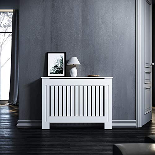 ELEGANT Heizkörperverkleidung, Holz, Weiß, Vertikal Lamell, Heizungsverkleidung, Heizkörperabdeckung, Mittelgroß, 112x19x81.5cm, GRCV11W-1.