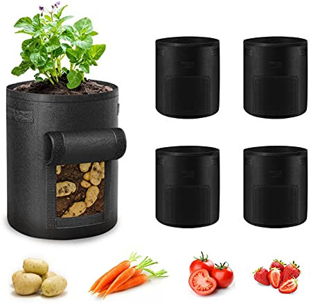 Potato Grow Bags 10 Gallon 5 Pack, Garden Vegetable Planting Bags with Handles and Window Flap, Breathable Felt Nonwoven Fabric Vegetable Growing Containers for Potato Tomato Carrot Onion(Black)