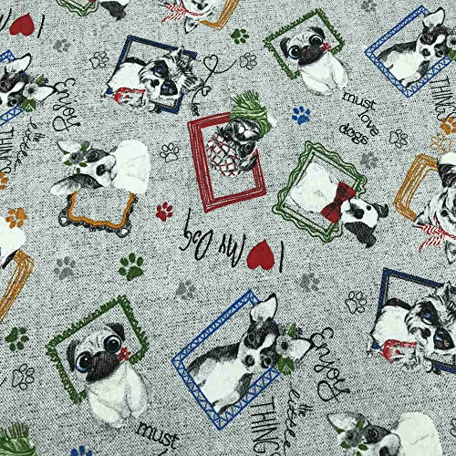 Kt KILOtela - Bedruckter Canvas-Stoff - Patchwork 300 cm Länge x 280 cm Breite | Welpen und Rahmen - Grau, Schwarz, Rot, Orange, Grün, Blau - 3 Meter