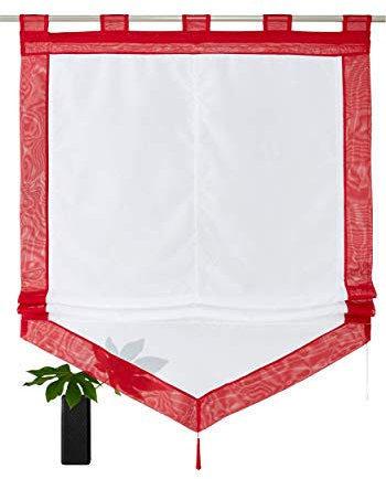 Devola Voile transparent Scheibengardinen mit zweifarbigen Design mit Quaste Fenster Gardinen Panneaux mit Tunnelzug Gardine HxB 140x120cm Rot 1er Pack