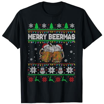 Merry Beermas Weihnachtspullover Weihnachtsbeleuchtung Weihnachtsmann trinkt Bier T-Shirt