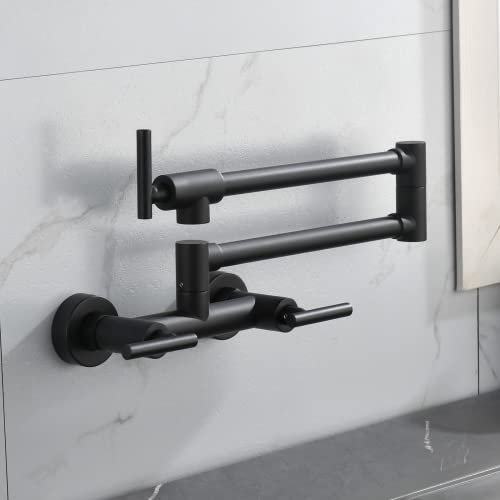 Black Pot Filler Faucet Wall Mounted Hot Cold Water Mixer Solid Brass Folding Sink Faucet with Double Joint Swing Arm and 3 Handles 2 Holes