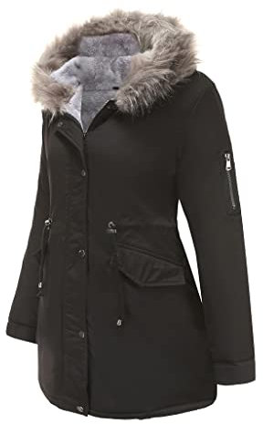 BOUTIKS Cappotti Invernale Antivento da Donna, Giacca Parka Militare Addensata, Cappotto Foderato in Caldo Pile con Cappuccio in Pelliccia Sintetica, Nero, L