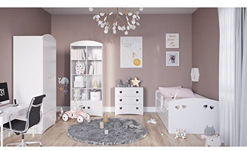 Générique Komplettes Kinderzimmer: Kleiderschrank 2 Türen + Bett 80 x 180 cm, mit Lattenrost/Schublade/Matratze + Bücherregal Doppelbett + Kommode mit 3 Schubladen; Farbe: Weiß