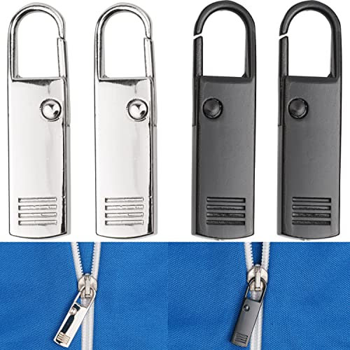 Reißverschluss Anhänger zur Reparatur, 4 Stück, aus Metall, je 2 x Schwarz und Silber, Ersatz Zipper für Reissverschluss, Verschluss Schieber für Jacke, Mantel, Koffer, Jeans, Tasche, RV Puller Lasche