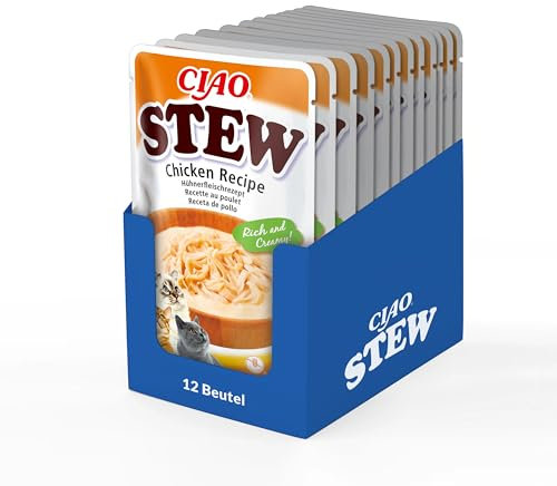 INABA Ciao Stew Katzenfutter Nass 86% Feuchtigkeit und Vitamin E, Premium Katzensuppe mit Huhn 40 g (12er Pack), 100% natürliches Fleisch, Getreidefrei, Zuckerfrei
