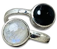 Schwarzer Onyx und Mondstein Ring 925 Silber handgefertigter Damen ring (70 (22.3))