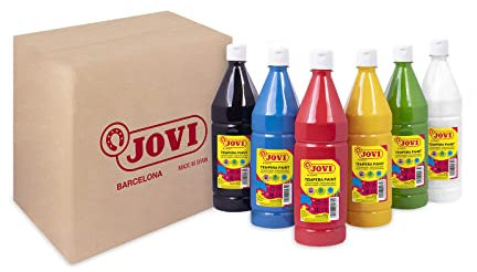 Jovi - Témpera líquida, Estuche 6 botes de 1L, Colores Primarios, Pintura a base de ingredientes naturales, Fácil de lavar, Sin gluten, Ideal para uso escolar (511/6A)