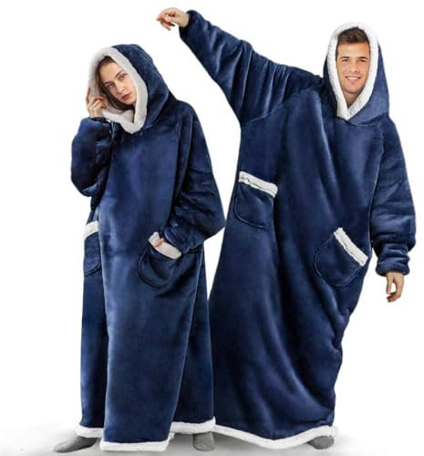 Übergroße Hoodie Decke, Blanket Hoodie, Damen Herren Flanell Sherpa Warme Komfortable Kuschel Pullover Mit Ärmel Tragbar Ganzkörperdecke, Geeignet für Erwachsene, Jugendliche Navy
