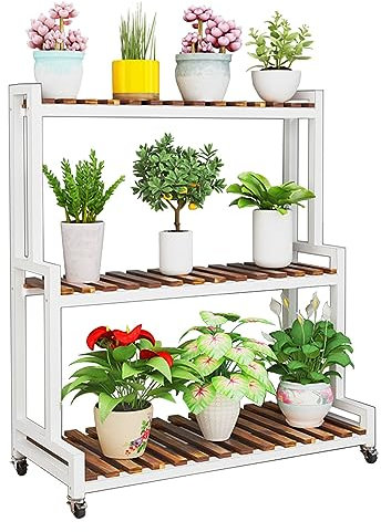 LIGUOYI Metall Blumentreppe Indoor Outdoor Plant Stand, 2 Ebenen 3 Ebenen Pflanzenständer Holz Pflanzentreppe Mit Rollen, Blumentopf Dekos Lagerregal Stahlgestell Stabil Und Langlebig Platzsparend
