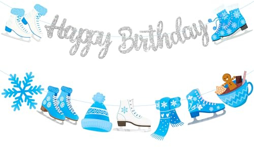 Eislaufen Geburtstag Banner Party Dekorationen Silber Glitzer für Winter Geburtstagsfeier Geschlecht Offenbaren Supplies, MonBN-95