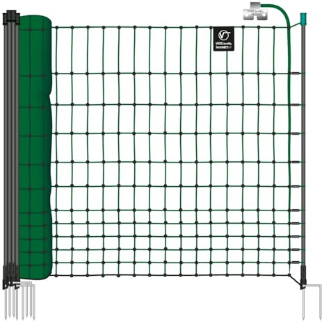VOSS.farming farmNET- 75 25m Hühnerzaun, Geflügelnetz, 112cm, 9 Pfähle, 2 Spitzen, grün, elektrifizierbar, Hühnernetz, Hundenetz, Katzennetz