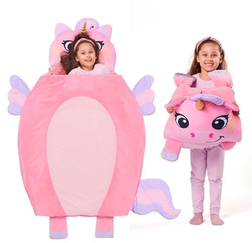 JOIEDOMI 152 x 99 cm Unicorn Tapis de Sieste pour Tout-Petits avec Oreiller et Couverture pour Enfants d'âge préscolaire de 3 Ans et Plus, Sac de Couchage pour Enfants