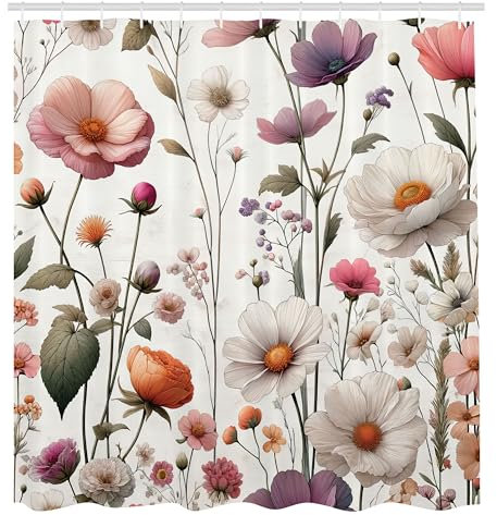 ABAKUHAUS Blumig Duschvorhang, Errötende Natur Wiesen Romantik mit zarten Blumen Garten Szene Muster, Stoffliches Gewebe Badezimmerdekorationsset mit Haken, 175 x 200 cm, Malve Salbeigrün Rose