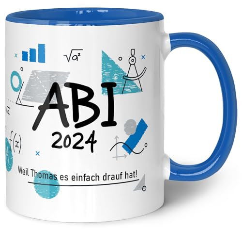 GRAVURZEILE Bedruckte Tasse mit Spruch - Abi - Personalisiert mit Namen & Jahr - Weil ich's einfach drauf hab! - Spülmaschinenfest - Geschenk zum Abschluss für Jungen & Mädchen - Farbe: Blau