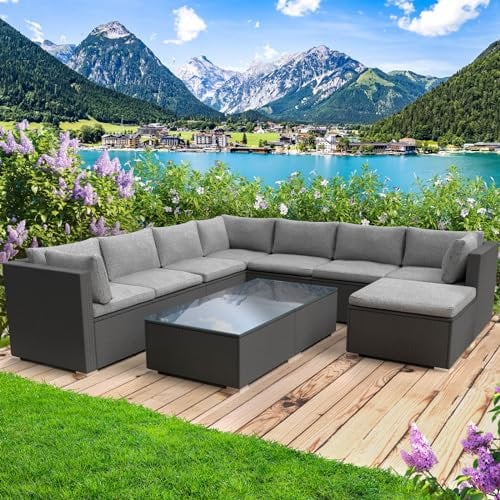 BRAST® Gartenmöbel Lounge Set | 6-7 Personen viele Modelle & Farben | inkl. extra Dicke Kissen | TÜV geprüft | Outdoor Loungemöbel Sitzgruppe Essgruppe Garnitur | Pleasure Schwarz