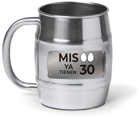 mundohuevo® Jarra de cerveza personalizada acero inoxidable 304 | Regalo original para cumpleaños | Mis huevos ya tienen 30 años | Color plateado aspecto barril | Capacidad 500 ml.