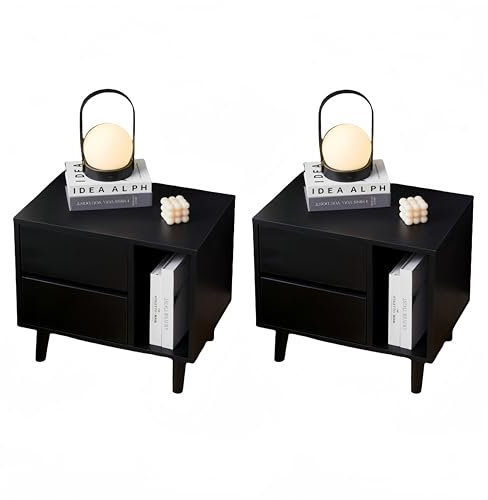 CLIPOP Nachttisch 2er Set,Nachtschrank mit 2 Schublade und Offenes Fach Nachtkästchen Beistelltisch Nachtkommode für Schlafzimmer Wohnzimmer Büro,34 x 50 x 46,5 cm,Schwarz