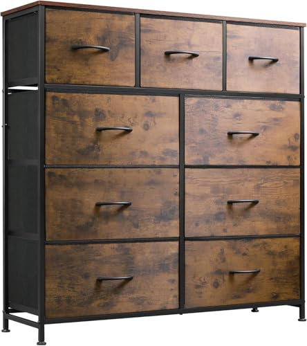WLIVE Tall Chest of Drawers, 9 Fabric Drawers Dresser Bedroom, Rustic Brown | Easy Pull Handle, Wood Top and Sturdy Steel Frame, Large Storage Unit for Living Room, Easy to Assemble, Adjustable Feet