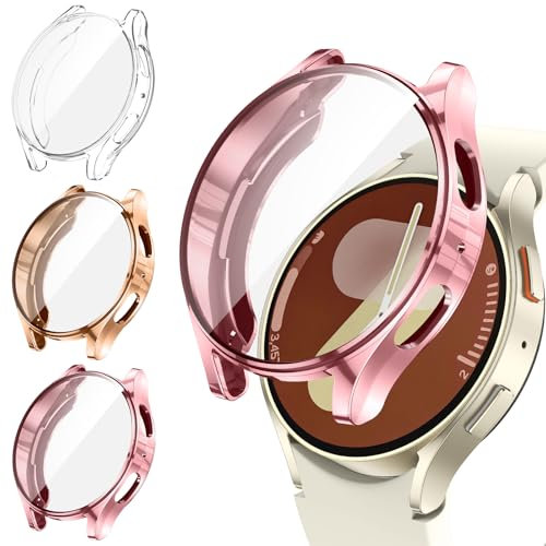 [3Pezzi] Kamita Custodia per Samsung Galaxy Watch 7 40mm, Morbido TPU Bumper Case con Protezione Dello Schermo, Custodie Protettiva a Copertura Totale per Galaxy Watch7 (Chiaro+Oro Rosa+Rosa)