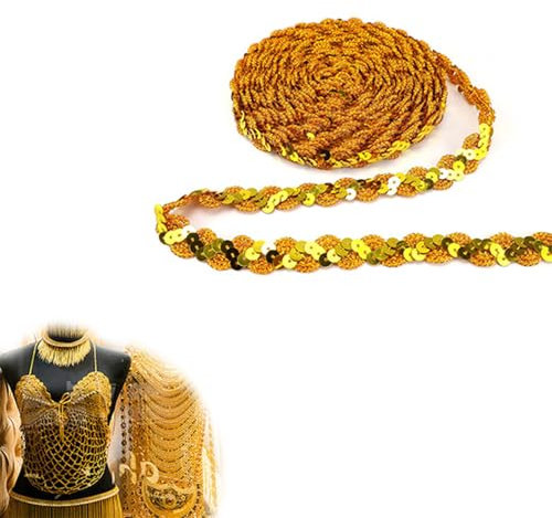 HJIAMA 25m Paillettenband Gold, Gewelltes Paillettenband, Breite 15mm, Glitzer Borte für DIY, Party Dekoration, Möbel, Hochzeiten, Geburtstagsfeiern