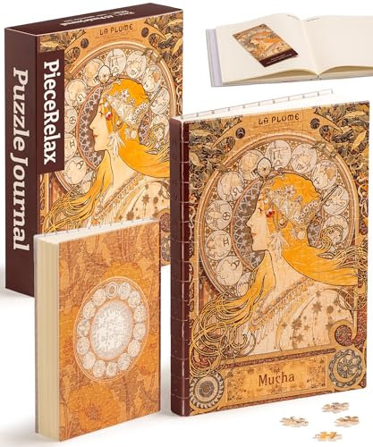 PieceRelax Puzzle Buchumschlag Alphonse Mucha - Zodiac [YA1056], A5 Liniertes Notizbuch, Transparente Buchhülle, Stifthalter, Lesezeichen, 329 Teile