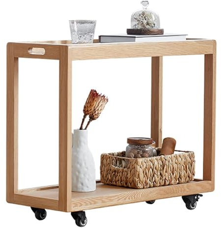 UPJAKS Mesita Mesa Auxiliar con Ruedas para sofá Mesa de Centro de Madera de 2 Niveles con Bandeja de Cristal Moderna con Acento Bandeja para Aperitivos de Roble Estante de Almacenamiento Balcón