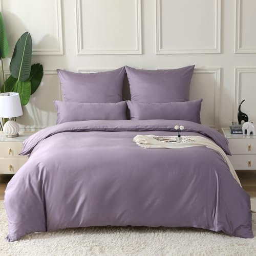 SOULFUL Satin Bettwäsche 135x200 Baumwolle,100% Langstapelige Baumwolle Seidig Luxus Bettzeug, ÖkoTex Zertifiziert & für Allergiker Geeignet, 1 Bettbezug 135x200 & 1 Kissenbezug 80x80,GrauViolett