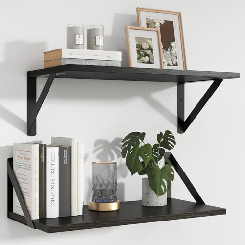Feihorrm Schwarz Regal Wand, Tief 20 cm, Länge 40 cm Wandregal, Schweberegal 2er Set mit Metall Halterungen, Holzregal für Badezimmer, Wohnzimmer, Küche, Schwarz, 40 x 20 cm