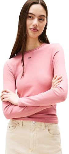 Tommy Jeans Donna Maglietta Maniche Lunghe Slim Fit Essential in Cotone, Rosa (Tahiti Berry), S