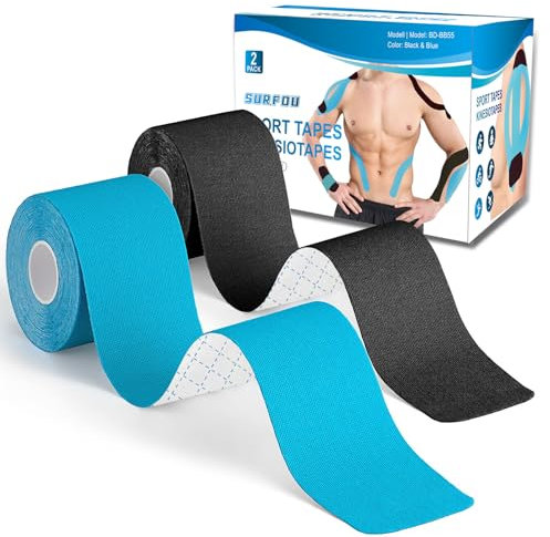 kinesiotape 2 Rollos Pack 5cm X 5m Azul + Negro, Kinesio Tape Fuerte Adhesiva, Amigable con la Piel, Elastica Cintas de Fisioterapia Deportiva para Rodilla, Hombro y Más SURFOU