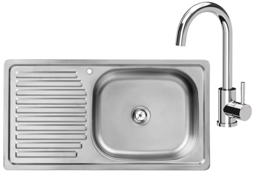 VBChome Edelstahlspüle mit Armatur 75x40x14 cm Edelstahl Glatt Küchenspüle mit Hahnloch Spüle Linksseitig Pflegeleichte Abtropffläche Camping Ablaufgarnitur Siphon Linksseitig Spül mit Armatur Chrom