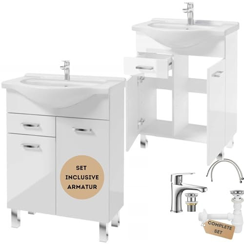 .Deftrans Juego de muebles de baño con armario de pie, 85 x 65 x 30 cm, blanco brillante, armario bajo lavabo con lavabo y grifo con conector de clic, armario bajo el baño