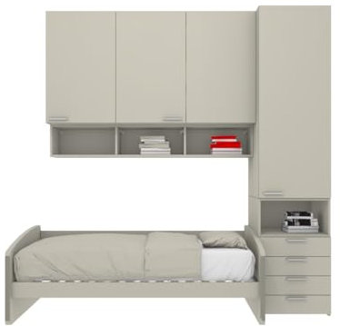 MOBILFINO CAMERETTE Halbdeckiges Schlafzimmer mit Schlafsofa, Kleiderschrank und Kommode - Ecru Cappuccino, Links