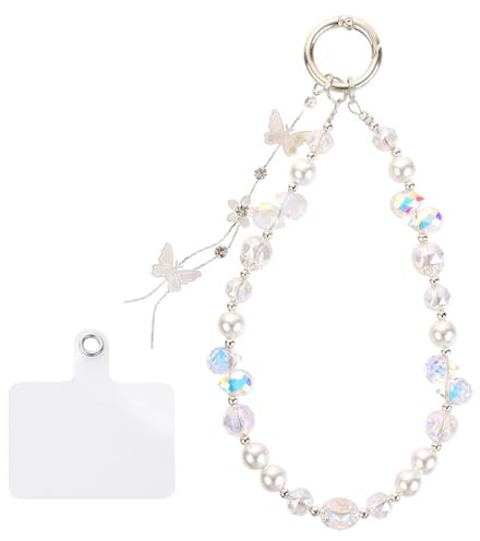 LALASTYLE White Crystal Phone Charm,Sparkling Butterfly Tassel Crystal Phone Wristlet Anti-Lost Lanyard,Bling Strap Wrist Beads Chain Keychain Bag Decro