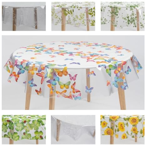 laro Ø 140 cm Premium Line Transparente Tischdecke rund - Wasserdicht & abwischbar - Tischschutz, Muster:Schmetterlingsflug Bunt Transparent, Größe: Rund 140cm