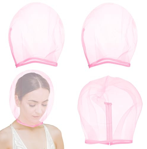 Make-up-Schutzhaube für das Gesicht, Polyester, Chiffon, Make-up-Schutz, Kapuze, waschbar, Reißverschluss, wiederverwendbar, Make-up, Gesichtsabdeckung für Damen, Rosa, 3 Stück