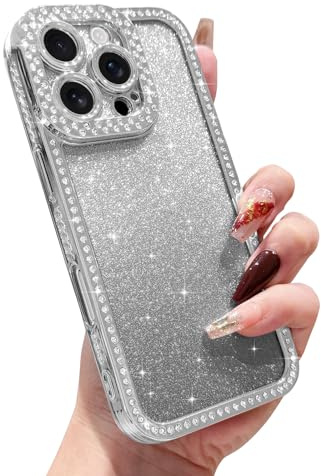 L-FADNUT for iPhone 16 Pro Max Case Glitter Card Diamond for Girls, Silver | Luxury Rhinestone with Removable Glitter Sparkly Card Phone Case for Women, Camera Protection Slim Shockproof Bumper Cover