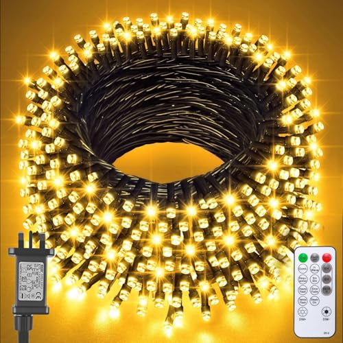 Jsdoin Christmas Tree Lights Plug in,60m 600 LED Outdoor Fairy Light Mains Powered, Waterproof Warm White String Light with Remote/8 Modes/Timer for Outside Indoor Garden Bedroom Decorations