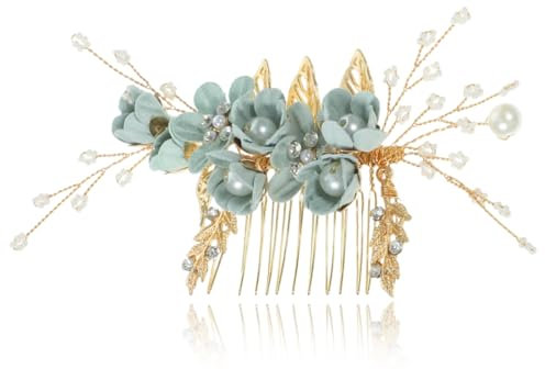 MIRKUZI 1 pieza de pinza para el pelo verde, accesorios para el pelo de boda verdes, peineta de novia con flores y cristales, tocado elegante para novias y ocasiones especiales
